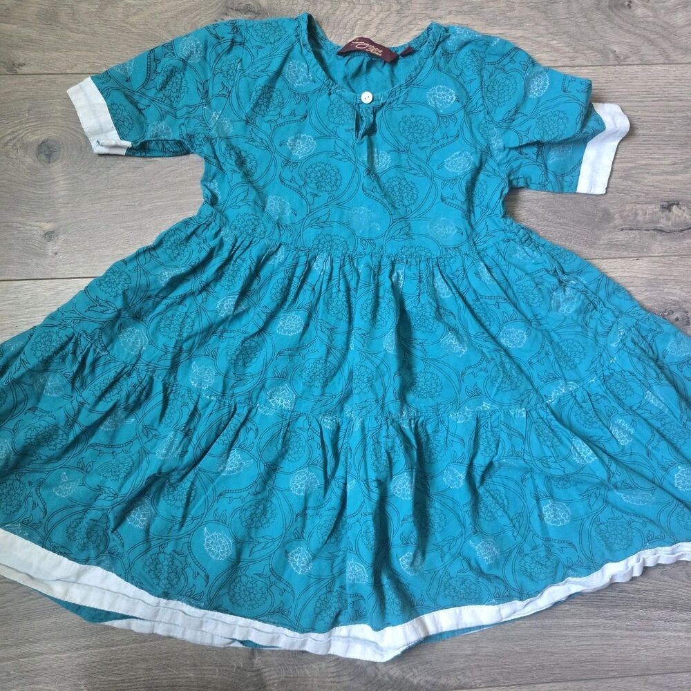 Sangria Kids Girls 3-4 Yrs Teal Cotton Floral Block Print Tiered Kurta Dress 3T